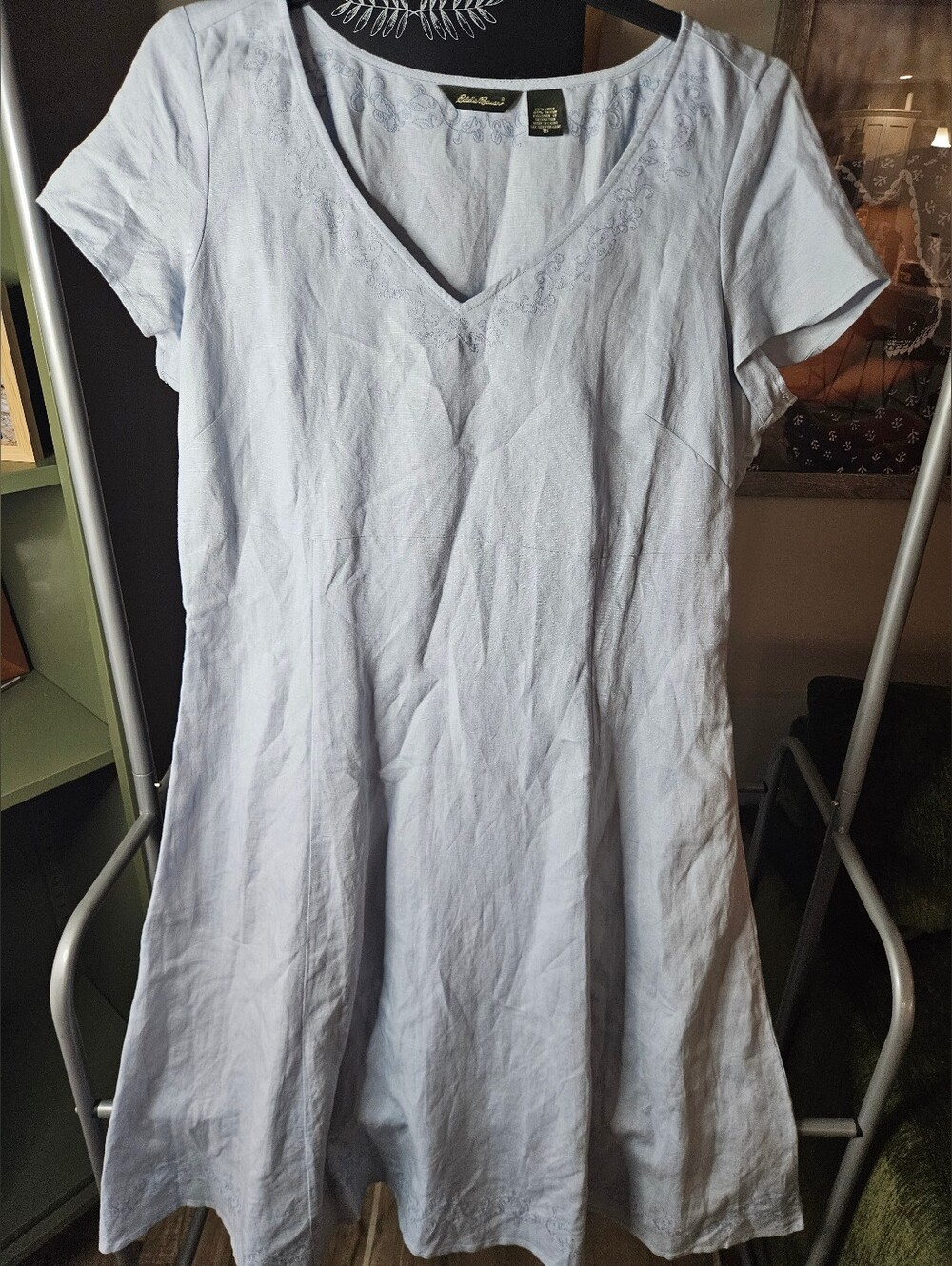Vintage Eddie Bauer Light Blue Maxi Linen Blend Dress Sz 16 Lagenlook Cottage